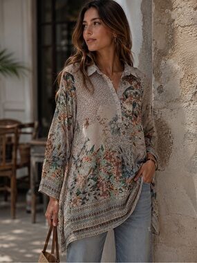 ✨Johnny Was Caspian Tunic - Exotic Bird & Floral Rayon Top
- Size XS